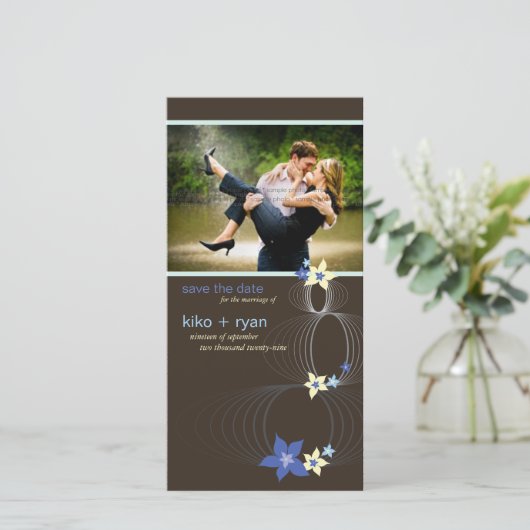 Ikebana Frangipani Blue Tropical Flower Wedding Save The Date (Staand voorkant)