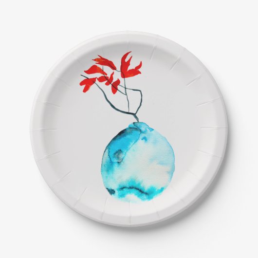 Ikebana waterverf blauw vaas papieren bordje (Voorkant)