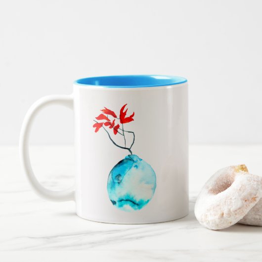 Ikebana waterverf blauw vaas tweekleurige koffiemok (Met donut)