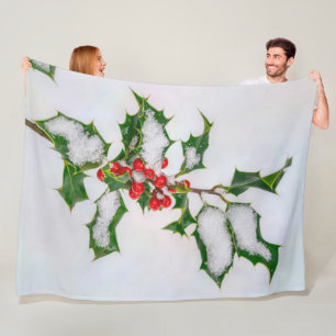 Ilex Red kerst Holly Berries op wintersneeuw — Fleece Deken