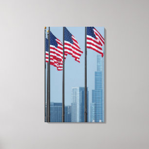 Illinois, Chicago. Navy Pier, US-vlaggen wapperend Canvas Afdruk