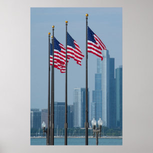 Illinois, Chicago. Navy Pier, vlaggen van de VS Poster
