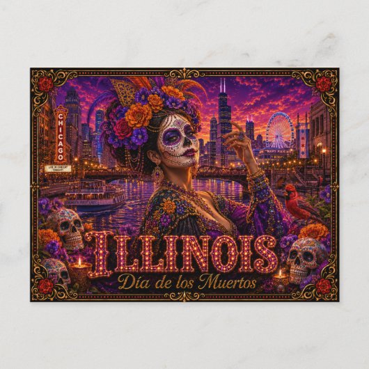 Illinois Día de los Muertos Retro Briefkaart (Voorkant)