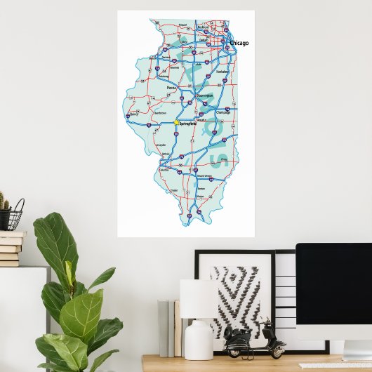 Illinois Interstate Map Print (Thuiskantoor)