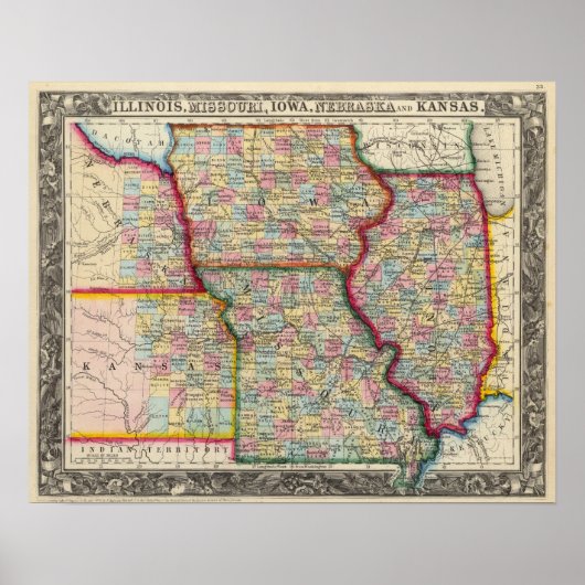 Illinois, Missouri, Iowa, Nebraska en Kansas Poster (Voorkant)