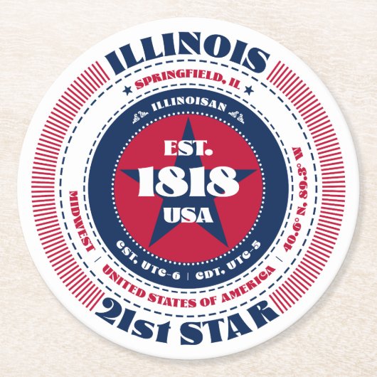 Illinois Rood Wit Blauw Typografie Ronde Kartonnen Onderzetter (Voorkant)