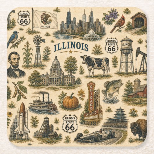 Illinois Route 66 Skyline Sips Kartonnen Onderzetters (Voorkant)