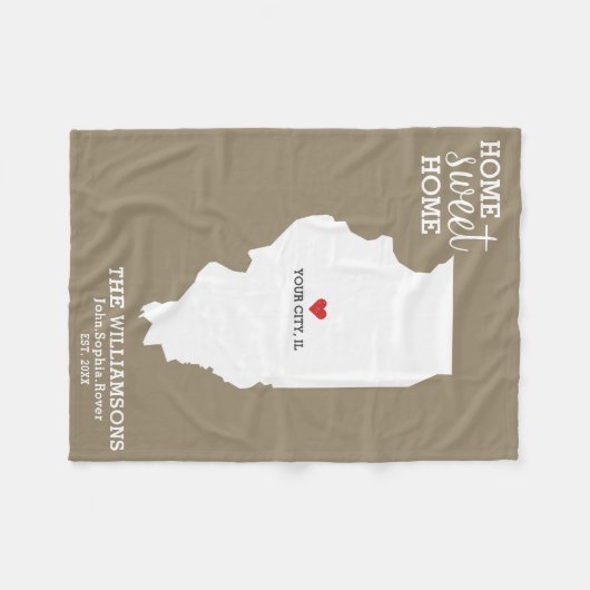 Illinois State Map Aangepaste namen, stad, datum,  Fleece Deken (Voorkant (Horizontaal))