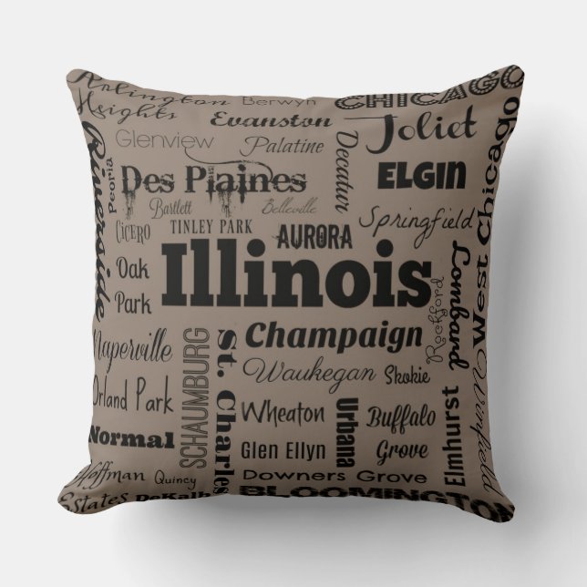 Illinois typografie gooit kussen in taupe en zwart (Voorkant)