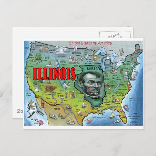 Illinois USA Map Briefkaart (Voorkant / Achterkant)