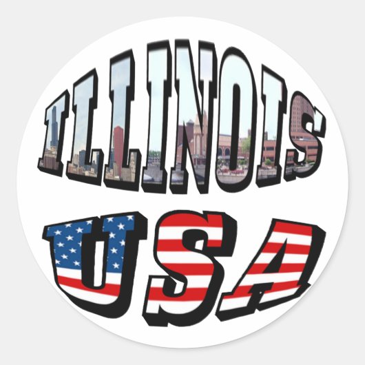 Illinois Vlag en Staat Foto Tekst Ronde Sticker (Voorkant)