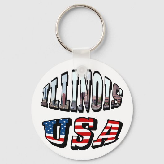 Illinois Vlag en Staat Foto Tekst Sleutelhanger (Voorkant)