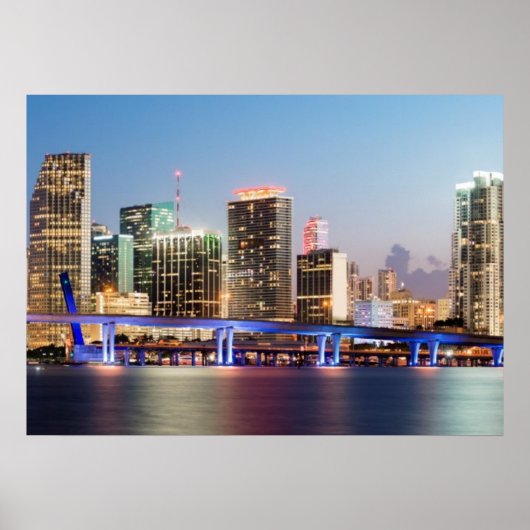 Illuminated skyline of downtown Miami at dusk Poster (Voorkant)