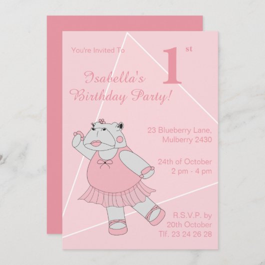 illusima Ballerina Hippo Girls Birthday Uitnodigin Kaart (Voorkant / Achterkant)