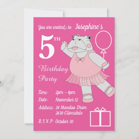 illusima Ballerina Hippo Pink Birthday Party Kaart (Voorkant)