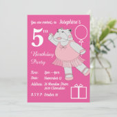 illusima Ballerina Hippo Pink Birthday Party Kaart (Staand voorkant)