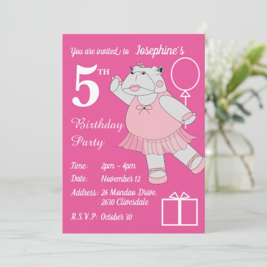 illusima Ballerina Hippo Pink Birthday Party Kaart (Staand voorkant)