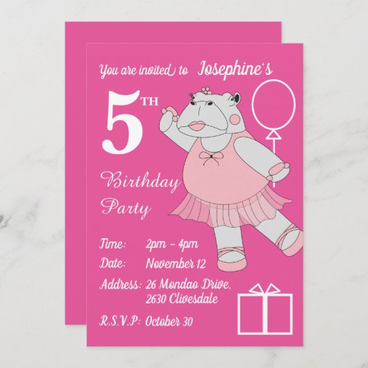 illusima Ballerina Hippo Pink Birthday Party Kaart (Voorkant / Achterkant)