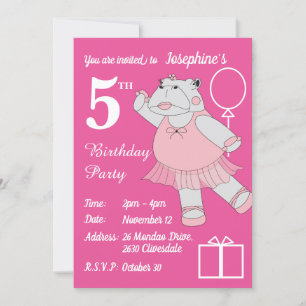 illusima Ballerina Hippo Pink Birthday Party Kaart
