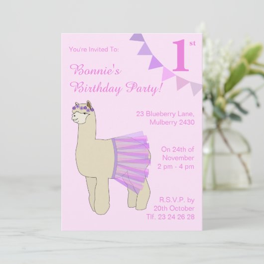 illusima Ballerina Llama Girls Pink Flags Birthday Kaart (Staand voorkant)