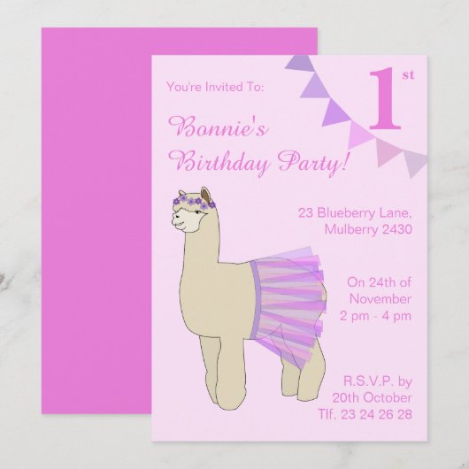 illusima Ballerina Llama Girls Pink Flags Birthday Kaart (Voorkant / Achterkant)