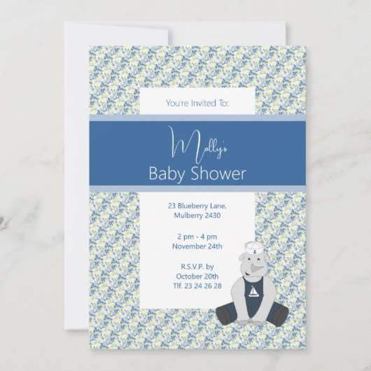 illusima Blue Floral Sailor Rhino Baby shower Kaart (Voorkant)