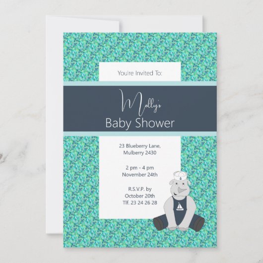 illusima Blue Floral Sailor Rhino Baby shower Kaart (Voorkant)