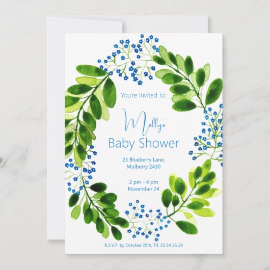 illusima Blue Floral Wreath Baby shower Kaart (Voorkant)