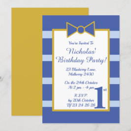 illusima Blue Stripes Boys Gold Bow Birthday Party Kaart