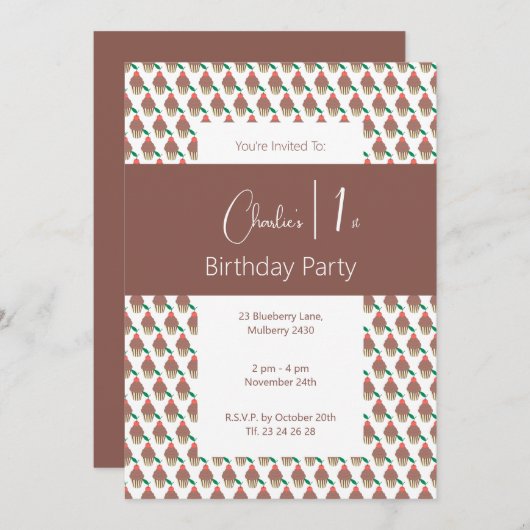 illusima Chocolade Cherry Cupcake 1e Verjaardag Kaart (Voorkant / Achterkant)