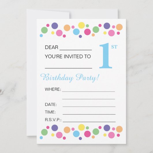 illusima Circles, Blue Back, 1st Birthday Party Kaart (Voorkant)