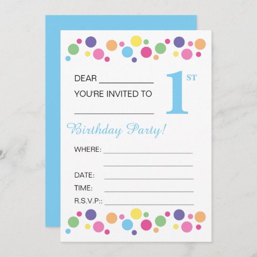 illusima Circles, Blue Back, 1st Birthday Party Kaart (Voorkant / Achterkant)