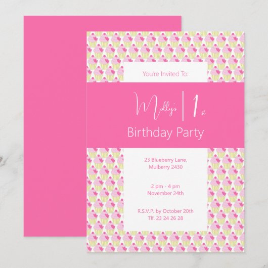 illusima Cupcake 1e verjaardagsfeestje Kaart (Voorkant / Achterkant)