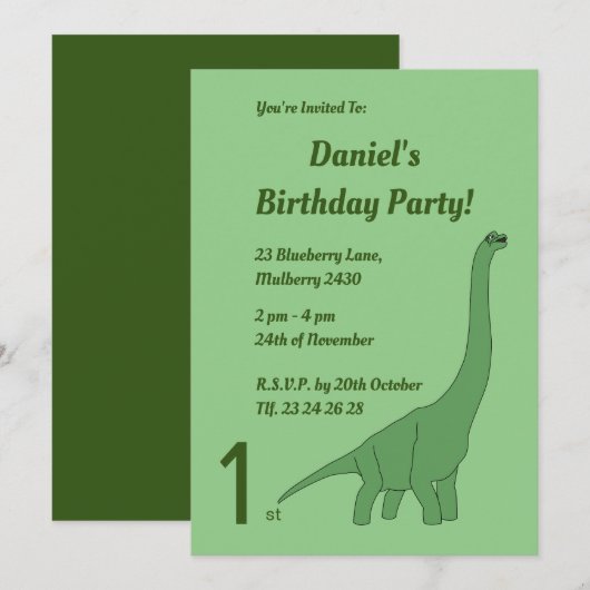 illusima Green Long Necked Dinosaur Boys Birthday Kaart (Voorkant / Achterkant)