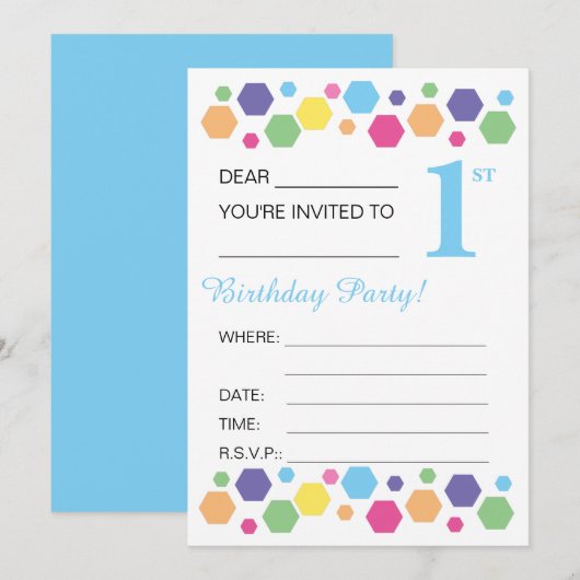 illusima Hexigons, Blue, 1st Birthday Party Kaart (Voorkant / Achterkant)