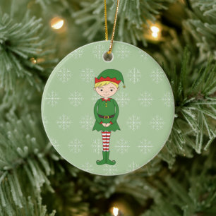 illusima Kerst Jongen Elf Sneeuwvlokken Groen Keramisch Ornament