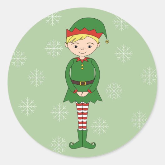 illusima Kerstboy Elf Snowflakes Green Ronde Sticker (Voorkant)