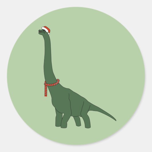 illusima Kerstmis Groen Langnek Dinosaur Ronde Sticker (Voorkant)