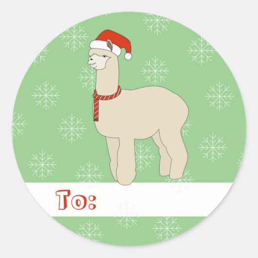 illusima Llama Kerstmis Snowflakes Green Ronde Sticker (Voorkant)