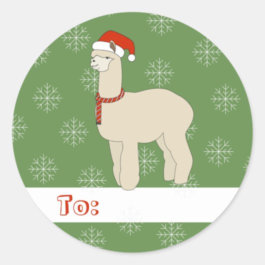 illusima Llama Kerstmis Snowflakes Green Ronde Sticker (Voorkant)