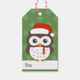 illusima Owl Santa Hat Kerstmis Snowflakes Green Cadeaulabel