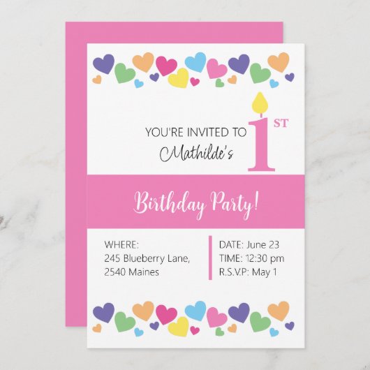 illusima Rainbow Love Hearts, roze 1e verjaardag Kaart (Voorkant / Achterkant)