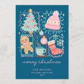 Illustrated Doodle Blue Xmas Gingerbread 3 Photo Feestdagenkaart (Voorkant)