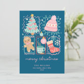 Illustrated Doodle Blue Xmas Gingerbread 3 Photo Feestdagenkaart (Staand voorkant)