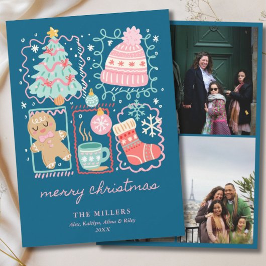 Illustrated Doodle Blue Xmas Gingerbread 3 Photo Feestdagenkaart