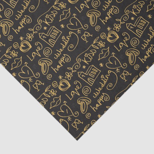 Illustrated Gold and Black Wedding Doodles Tissuepapier (Detail)