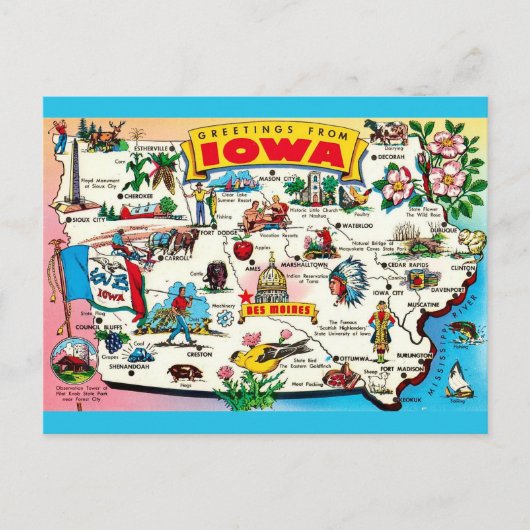 Illustrated Iowa Map Postcard Briefkaart (Voorkant)