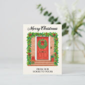 Illustrated Red Door Garland Wreath Feestdagenkaart (Staand voorkant)