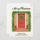 Illustrated Red Door Garland Wreath Feestdagenkaart (Voorkant / Achterkant)