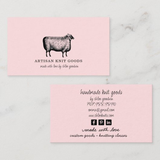 Illustrated Sheep Knitting Pink Business Visitekaartje (Voorkant / Achterkant)